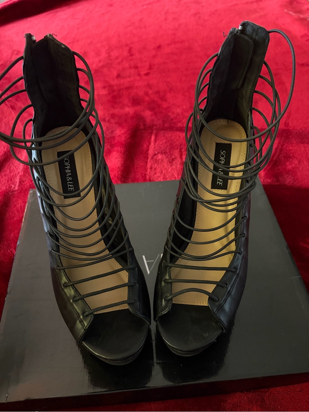 Sophia & Lee Black Strappy Cage Peep-Toe Heels